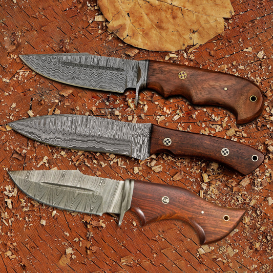 Mastercraft Damascus Trio – Bundle of 3 Handmade Hunting Knives with Leather Sheaths