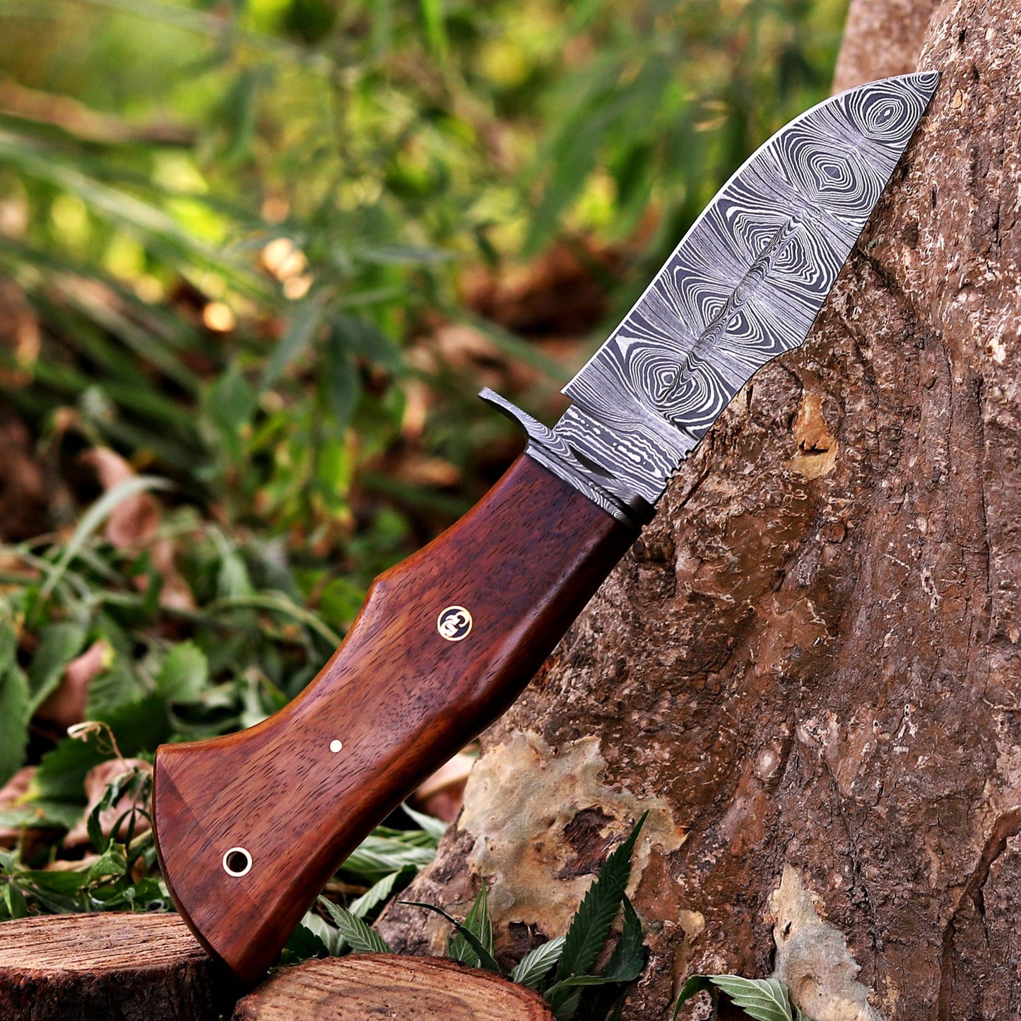 Woodman's Ally - 10.5" Hand Forged Damascus Hunting Knife with Leather Sheath