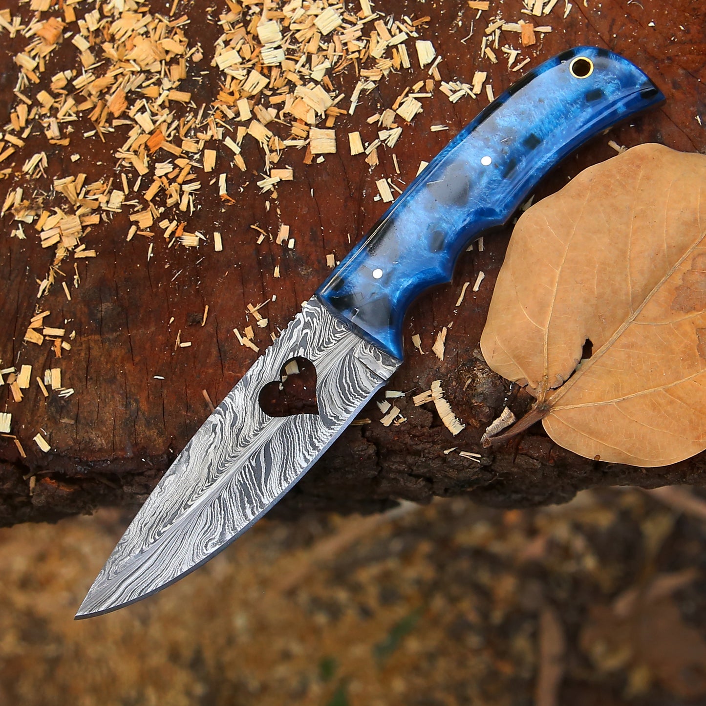 Blue Heart Blade – 9'' Hand Forged Damascus Steel Knife with Blue Resin Handle & Leather Sheath