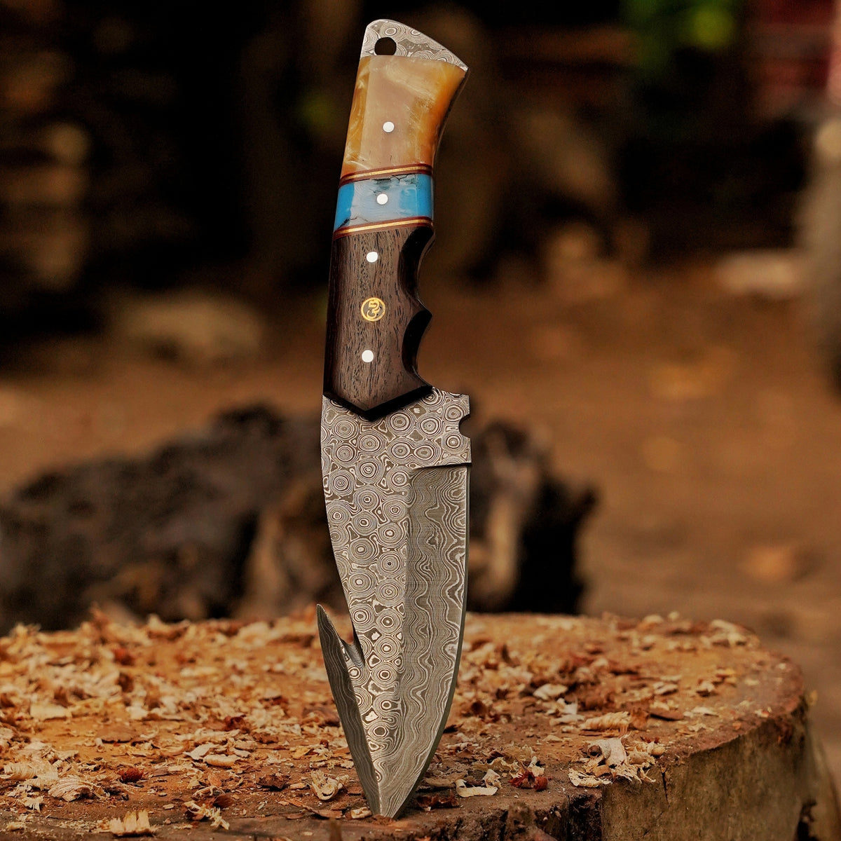 Trailblazer's Blade - 9" Hand Forged Damascus Steel Hunting Knife with Leather Sheath