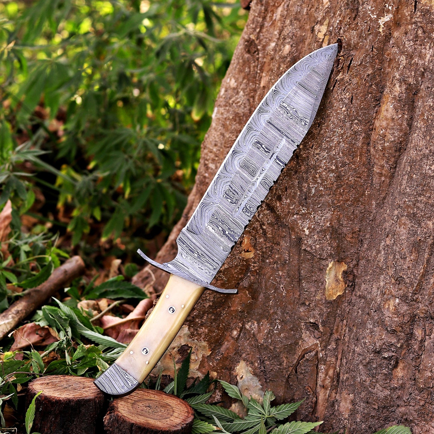 Paul Bunyan Razor - 15" Handmade Damascus Steel Bowie Knife- Full Tang - Camel Bone Handle