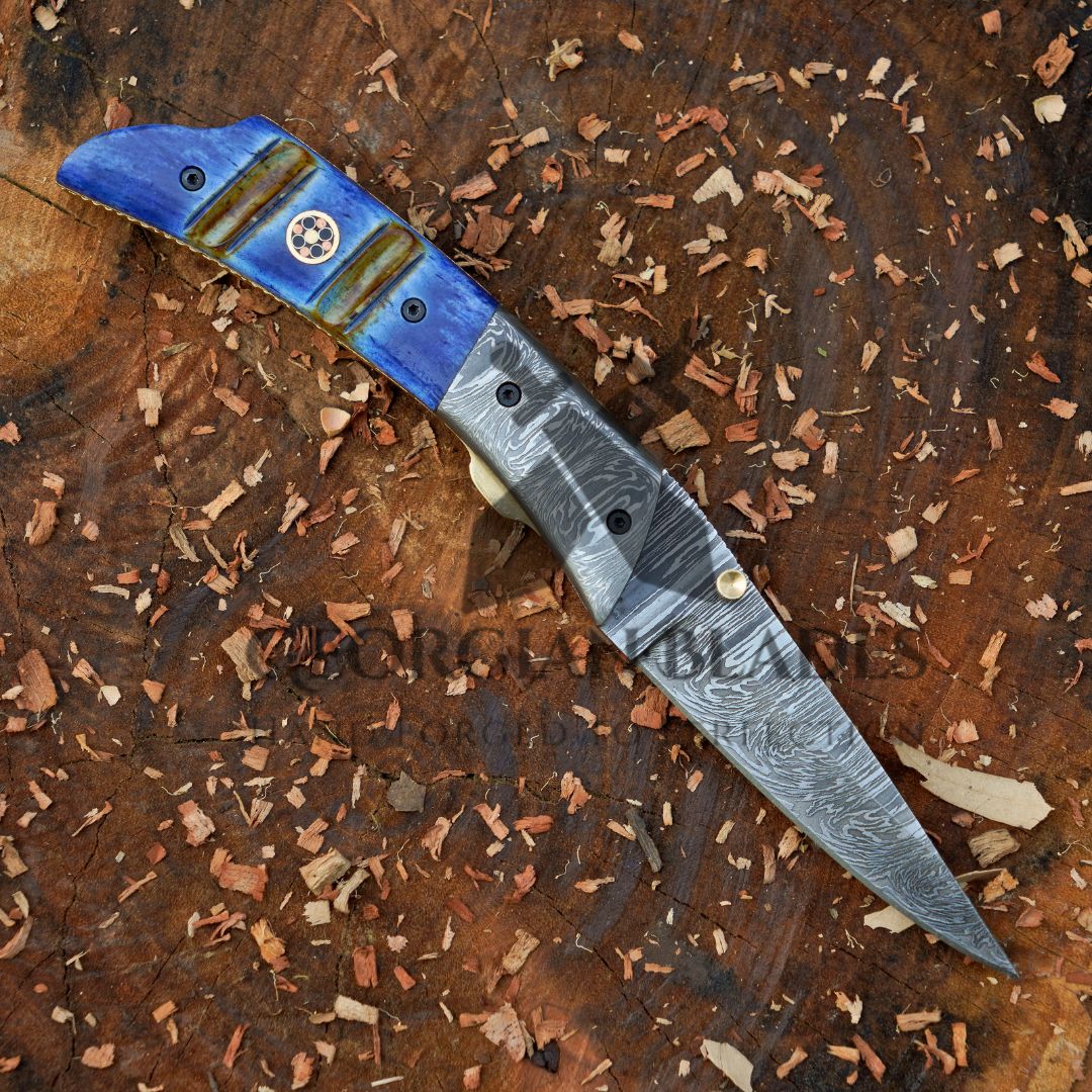 The Sullivan Folder 7.5-inch Hand Forged Damascus Steel Pocket Knife with Leather Sheath