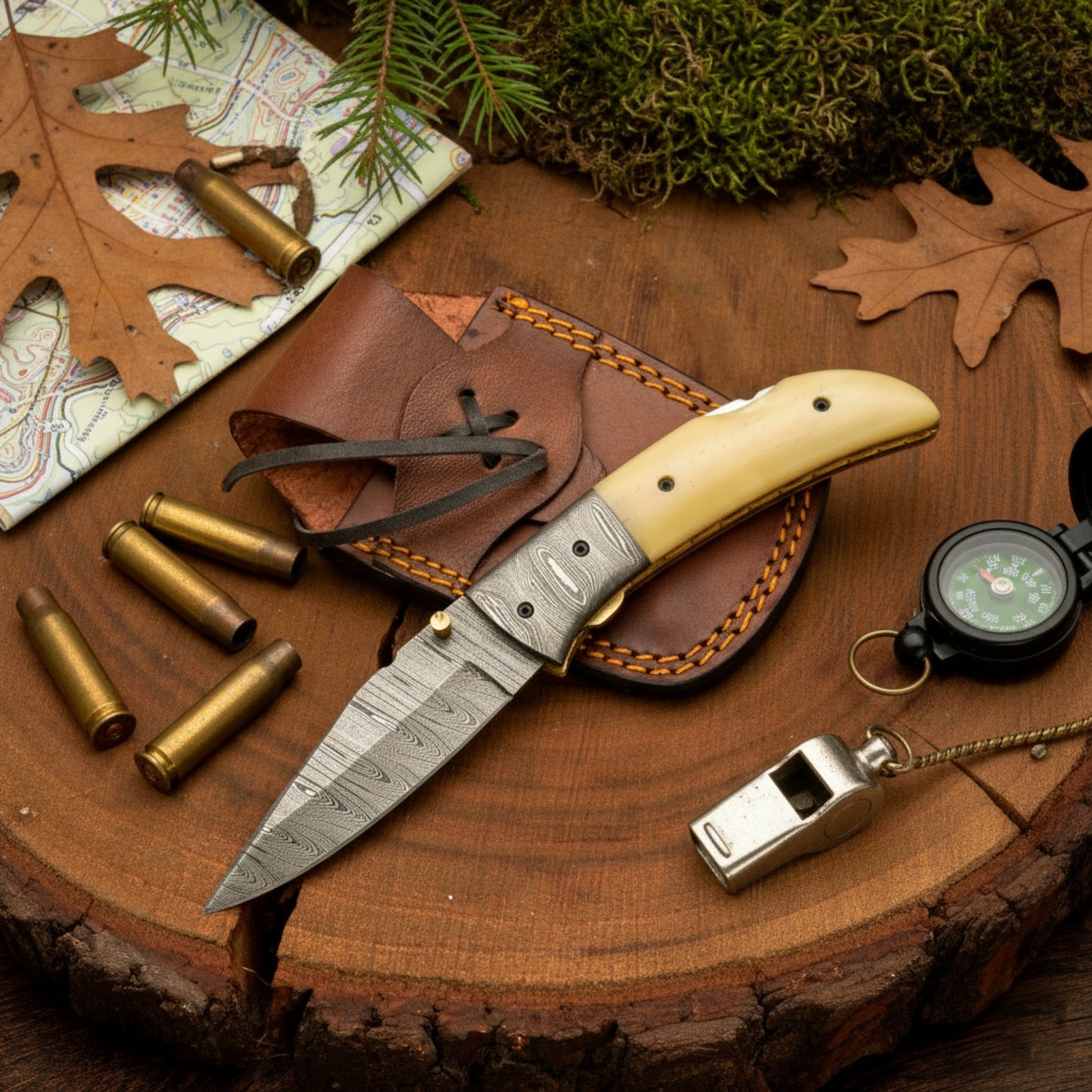 RadiantReach - 8" Hand Forged Damascus Steel Pocket Folding Knife with Leather Sheath