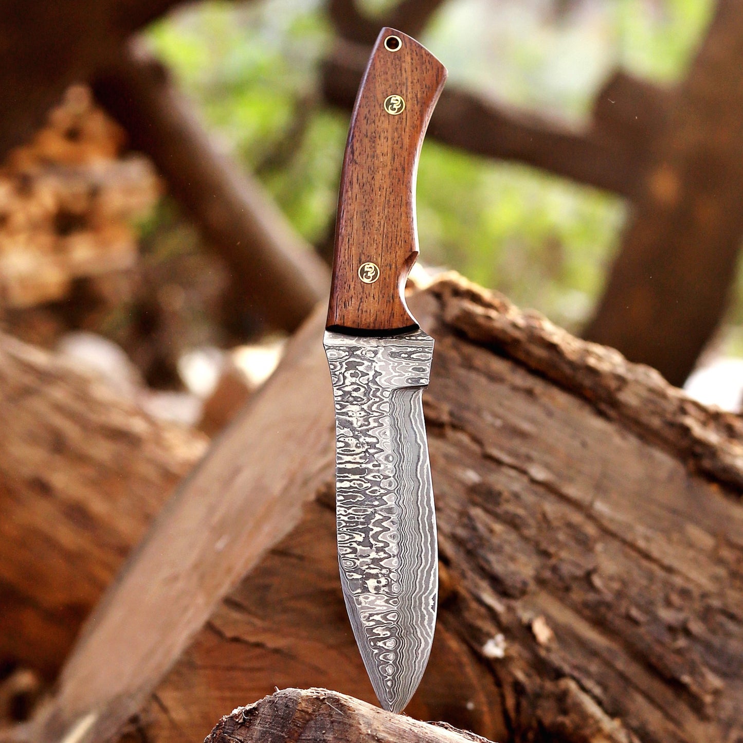 Razorwind - 11" Full Tang Hand Forged Damascus Hunting Knives with Walnut Wood Handle