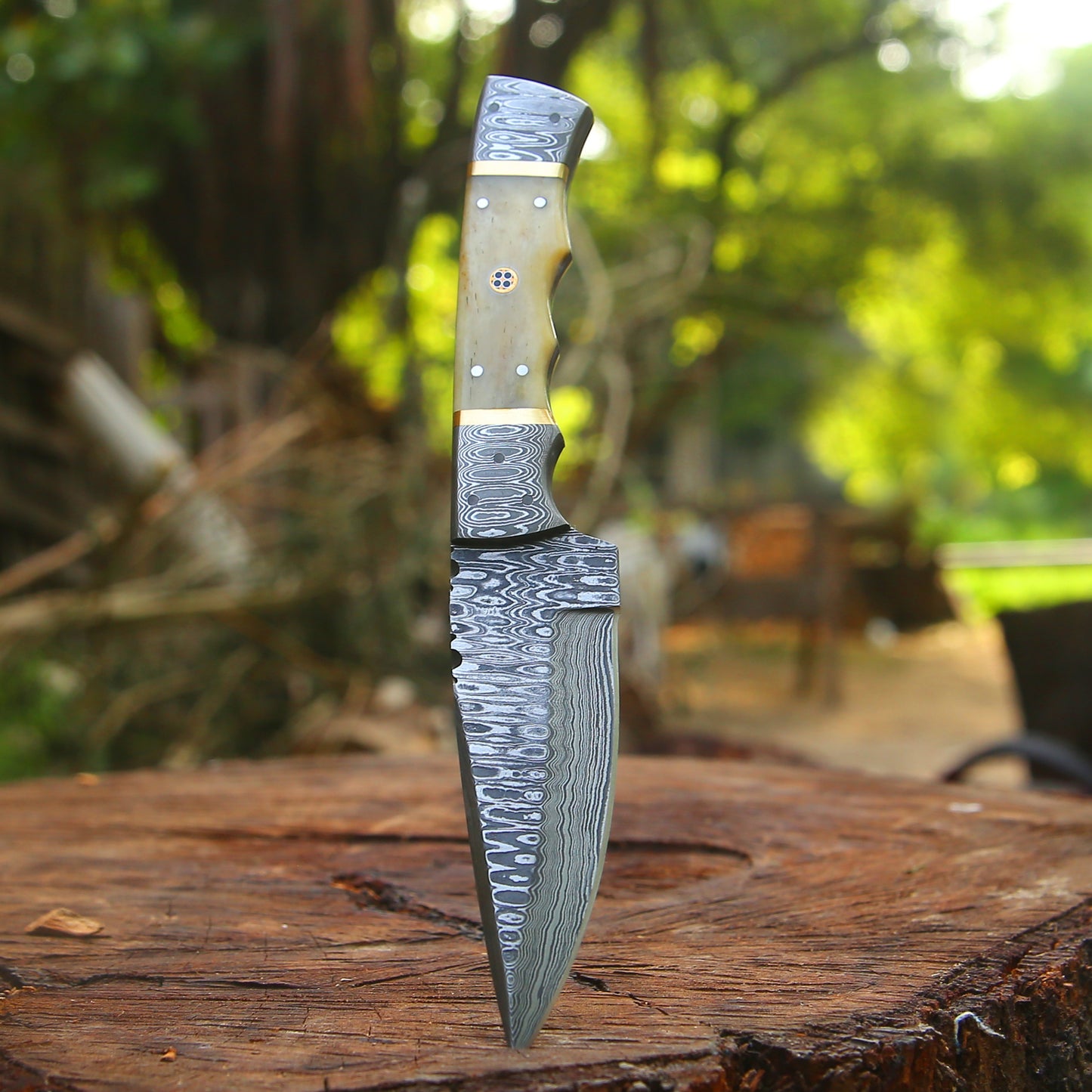 Br'er Rabbit Blade -  8.5” Hand Forged Damascus Steel Full Tang Skinner Knife - Camel Bone Handle