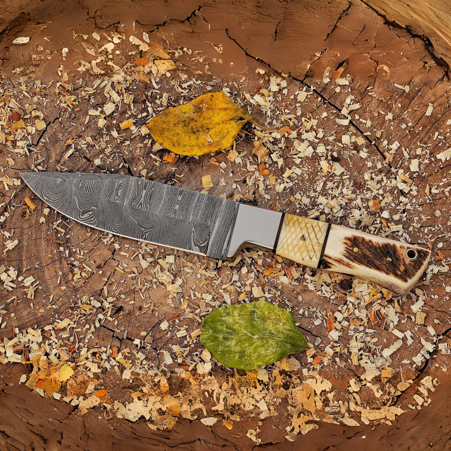 Pecos Pete Slicer: Forged Damascus Steel Skinner Knife EDC 9” -V3 With Stag Antler & Engraved Camel Bone Handle