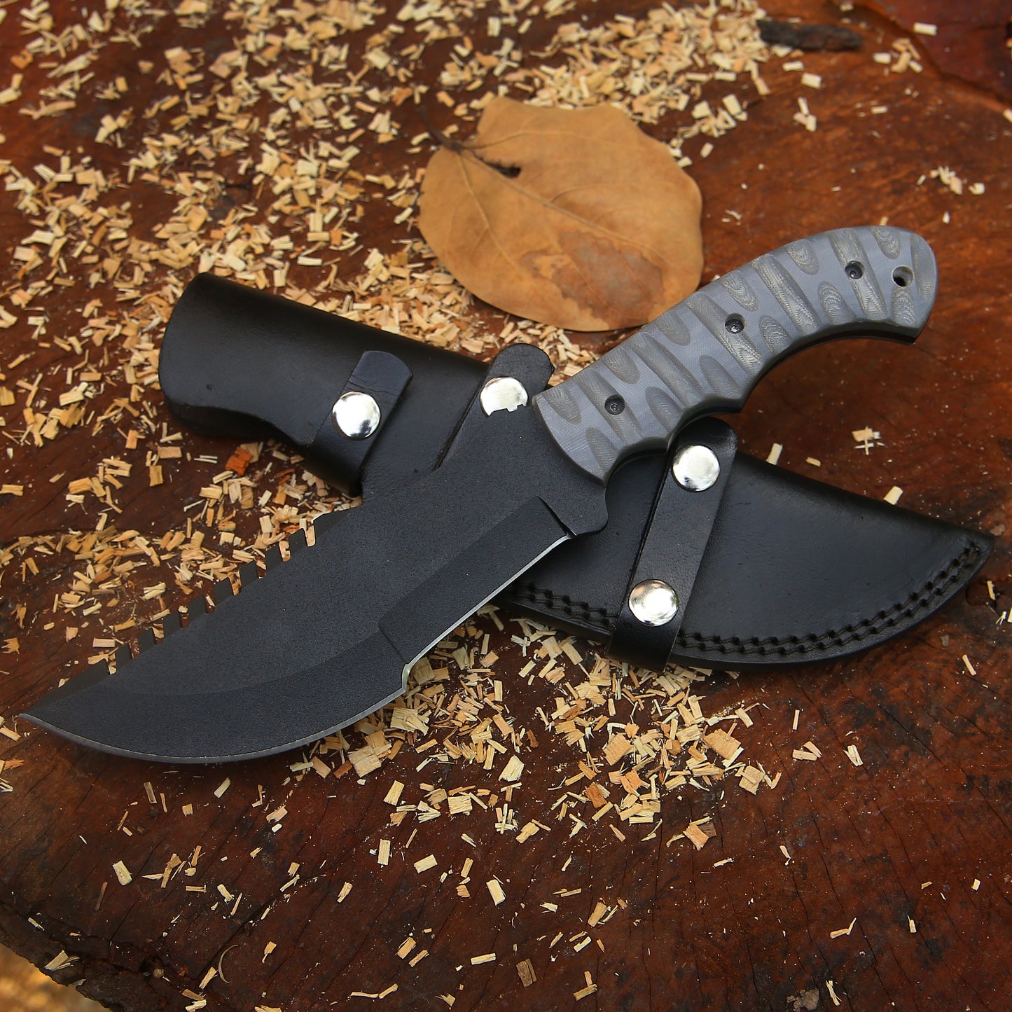 Shadowback Tracker – 12 inch Full Tang Tactical Survival Knife with Micarta Handle and Leather Sheath