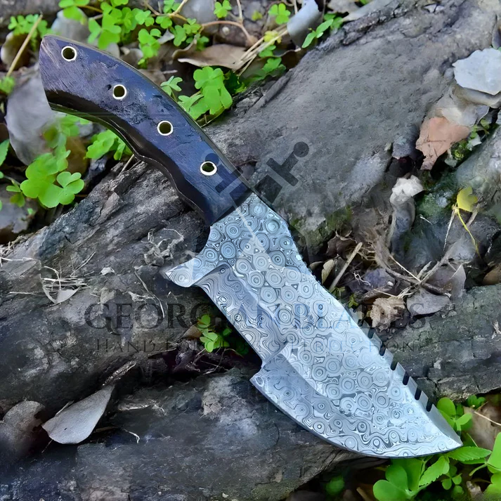 Wilderness Wayfinder: 10” Custom Hand Forged Damascus Steel Tracker Knife With Ram Horn Handle