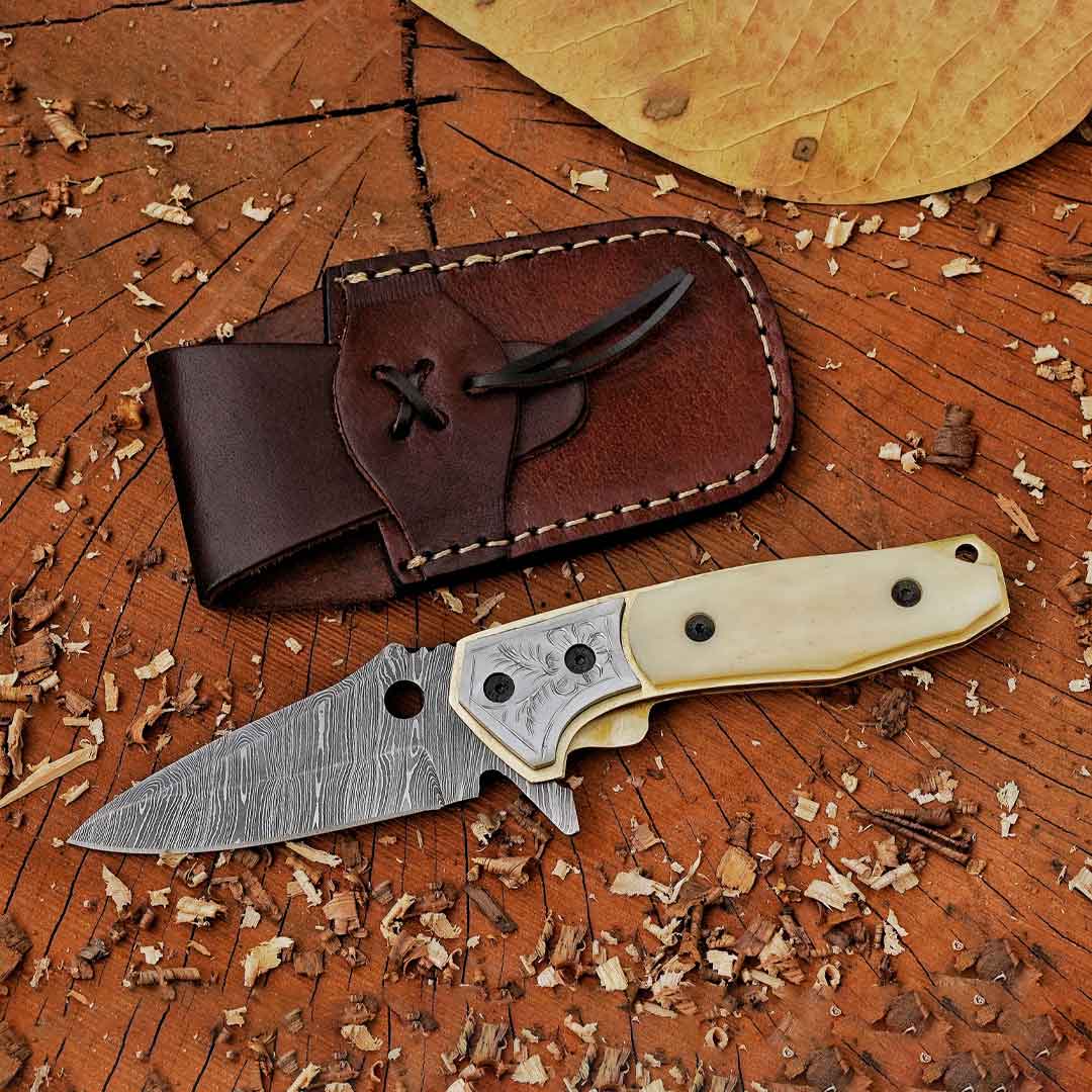 Signature Damascus Trio – Bundle of 3 Handmade Pocket Knives with Leather Sheaths
