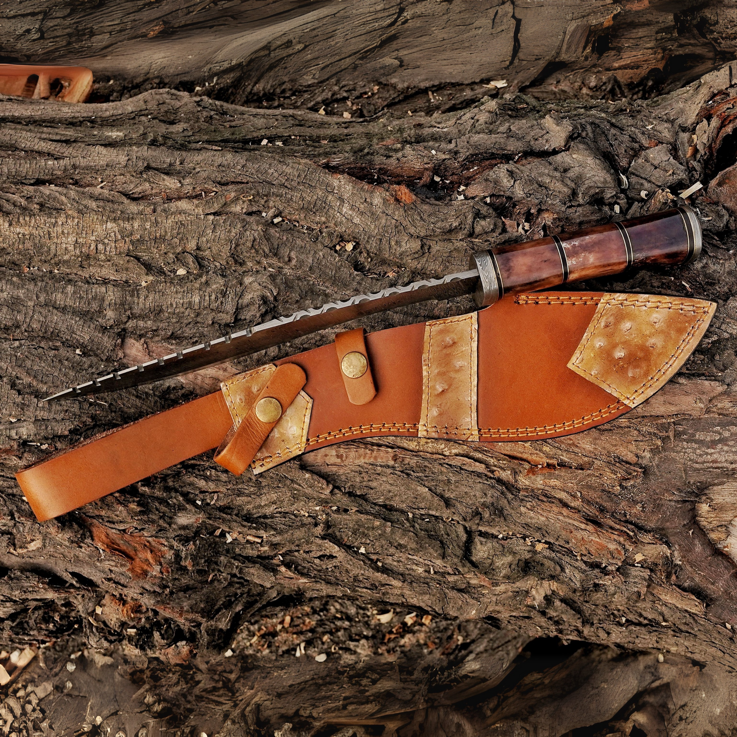 Emberwood Kukri – 15 inch Hand-Forged Damascus Masterpiece Kukri Knife with Leather Sheath