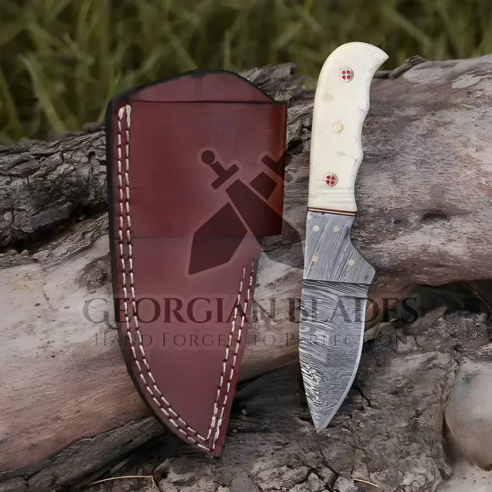 John Henry Slicer - 7.25” Hand Forged Damascus Steel Full Tang Skinner Knife - Camel Bone Handle