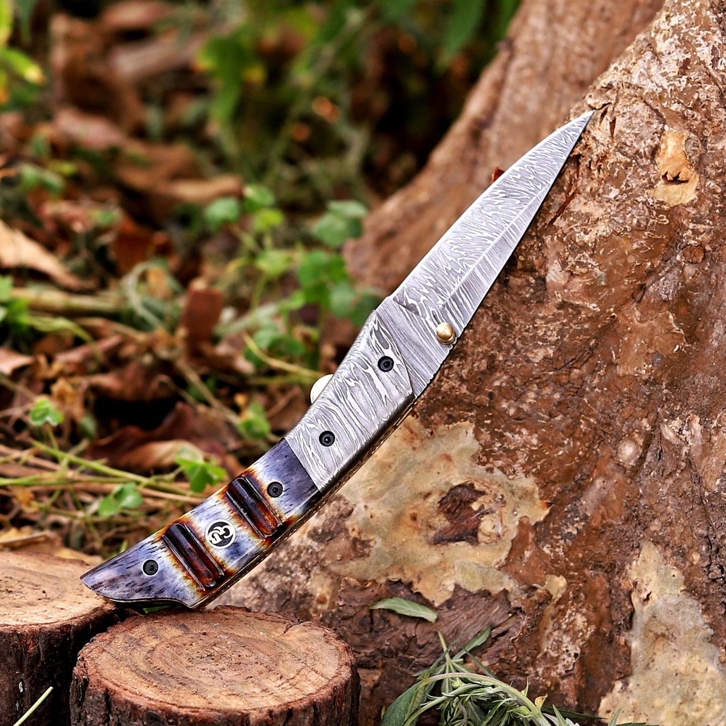 The Glenn Folder – 7.5 inch Damascus Steel Liner Lock Pocket Knife with Bone Handle and Leather Sheath