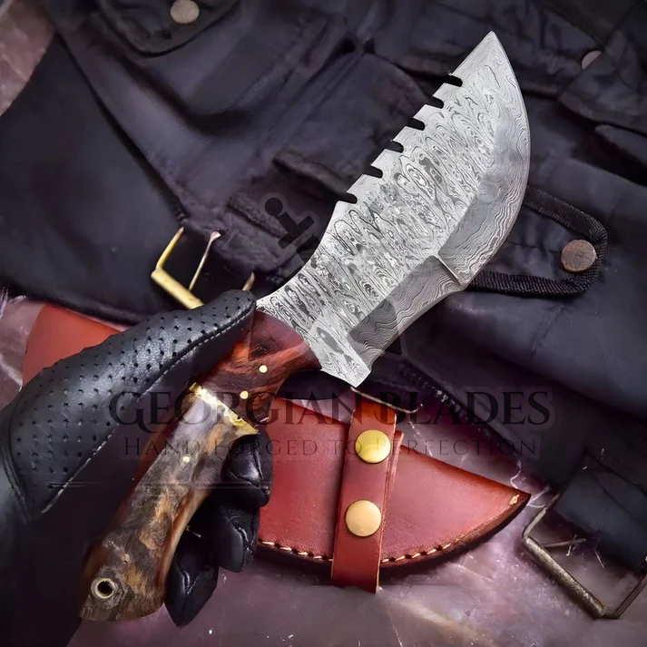 Expedition Emissary: Handmade Damascus Steel Hunting Tracker Knife With Ram Horn & Cocobolo Wood Handle