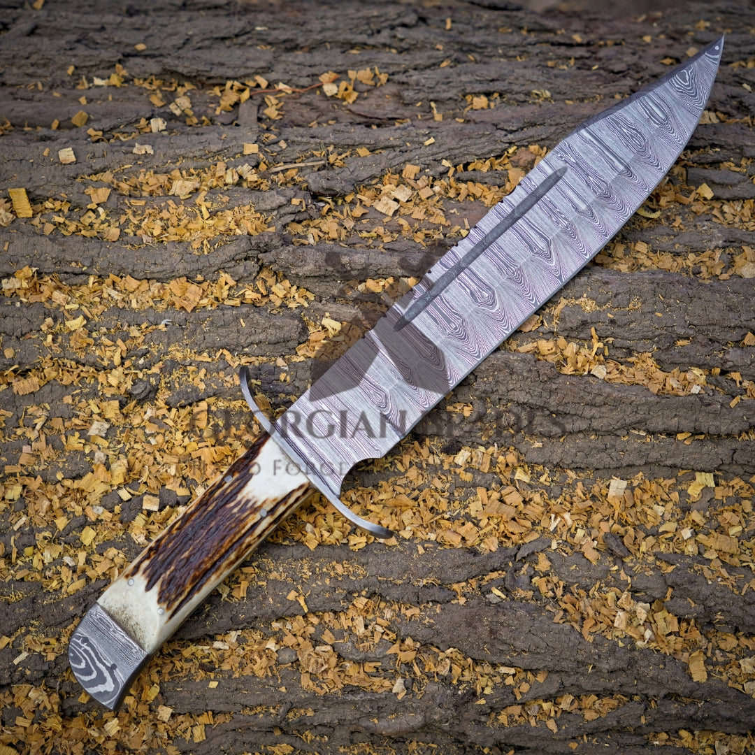 Mountain Majesty: 15" Handmade Damascus Steel Bowie Knife- Full Tang - Stag Antler Handle