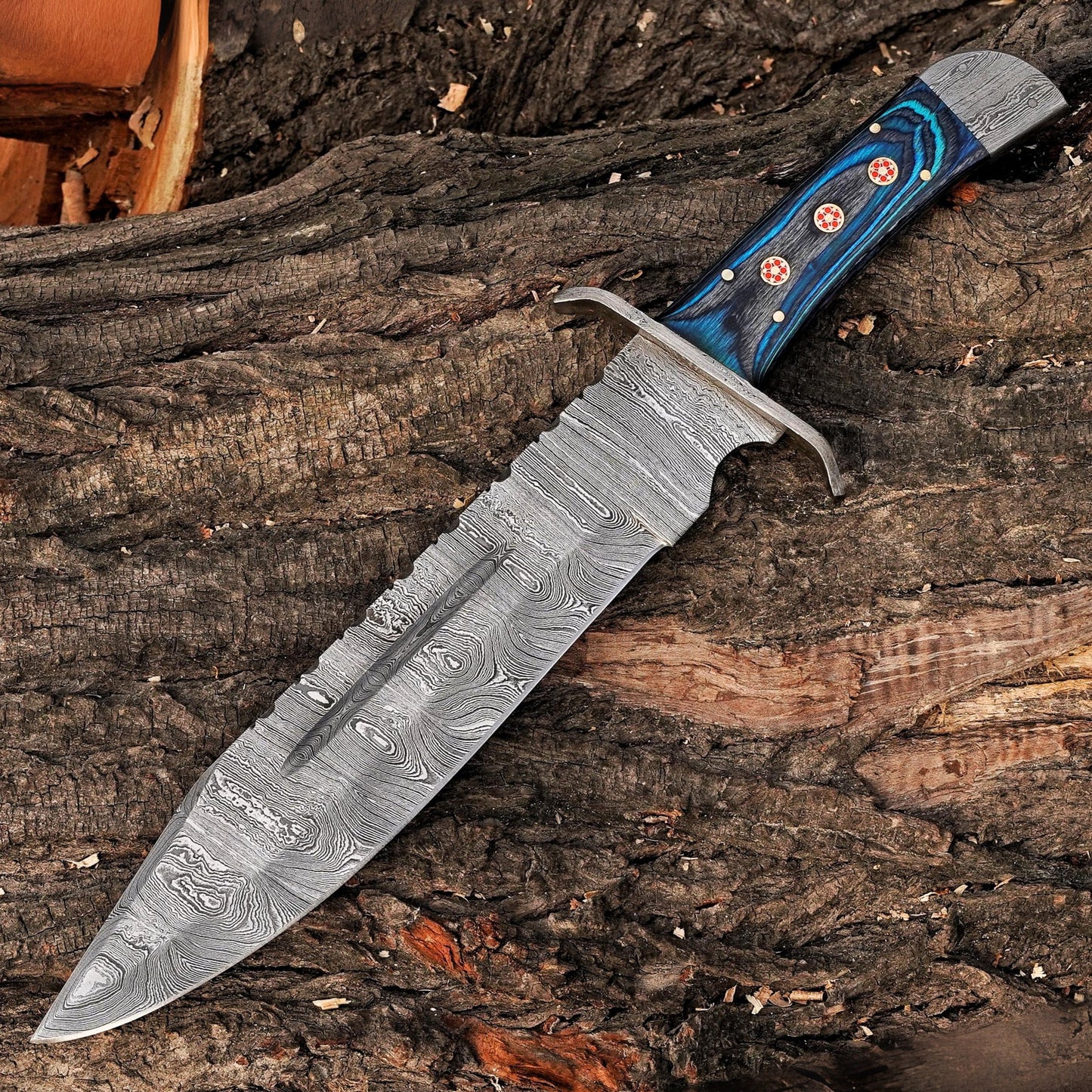 River Runner: 15" Handmade Damascus Steel Bowie Knife- Full Tang - Colored Wood Handle
