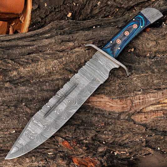 River Runner: 15" Handmade Damascus Steel Bowie Knife- Full Tang - Colored Wood Handle