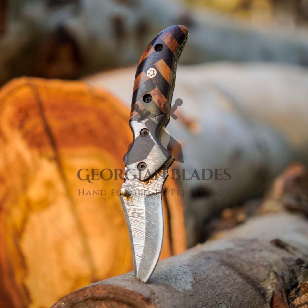 Kit Carson - 7 inches Custom Hand Forged Damascus Folding Knife Damascus Bolster With Olive & Dark Wood Handle