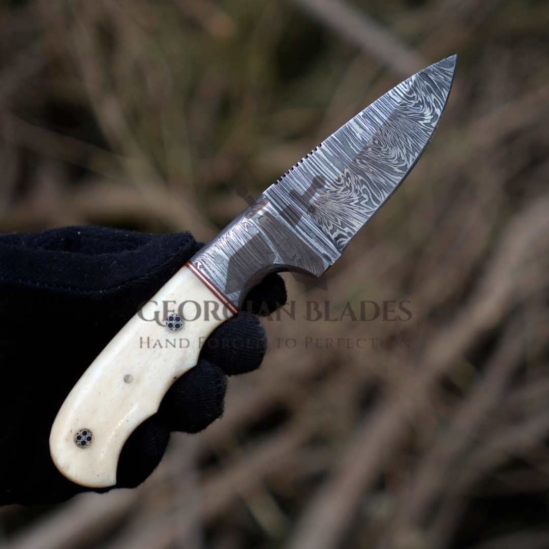 John Henry Slicer - 7.25” Hand Forged Damascus Steel Full Tang Skinner Knife - Camel Bone Handle