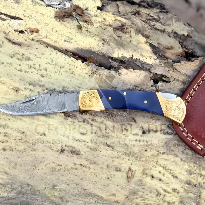 Sapphire Edge Fold: 7" Hand Made Forged Damascus Steel Folding Knife Engraved Brass Bolster Handle