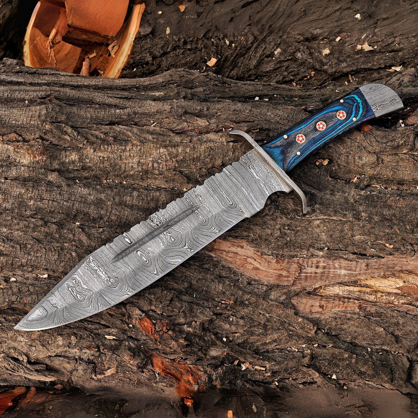 The Bowie Titans Duo – 2 Handmade 15” Damascus Steel Knives with Leather Sheaths