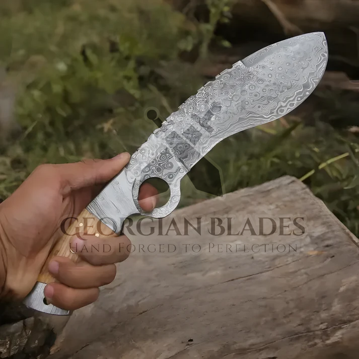 Blade of the Hills: Custom Hand Forged Damascus Steel Hunting Kukri Knife Damascus Bolster Olive Wood Handle