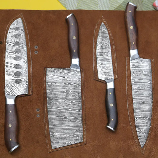 4 Piece Handmade Chef Set, 4 Piece Damascus Steel Knife Set, Kitchen Knife Set with Leather Cover