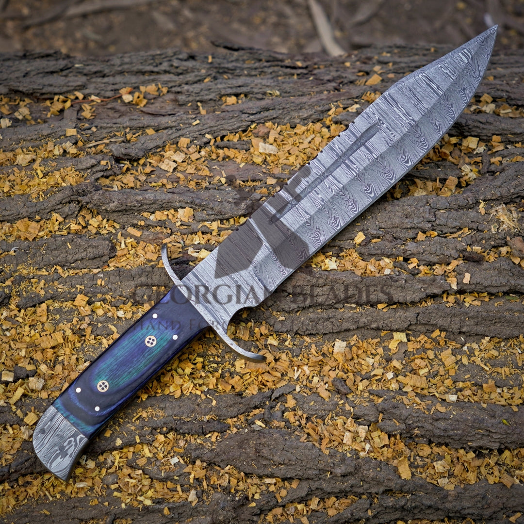 River Runner: 15" Handmade Damascus Steel Bowie Knife- Full Tang - Colored Wood Handle