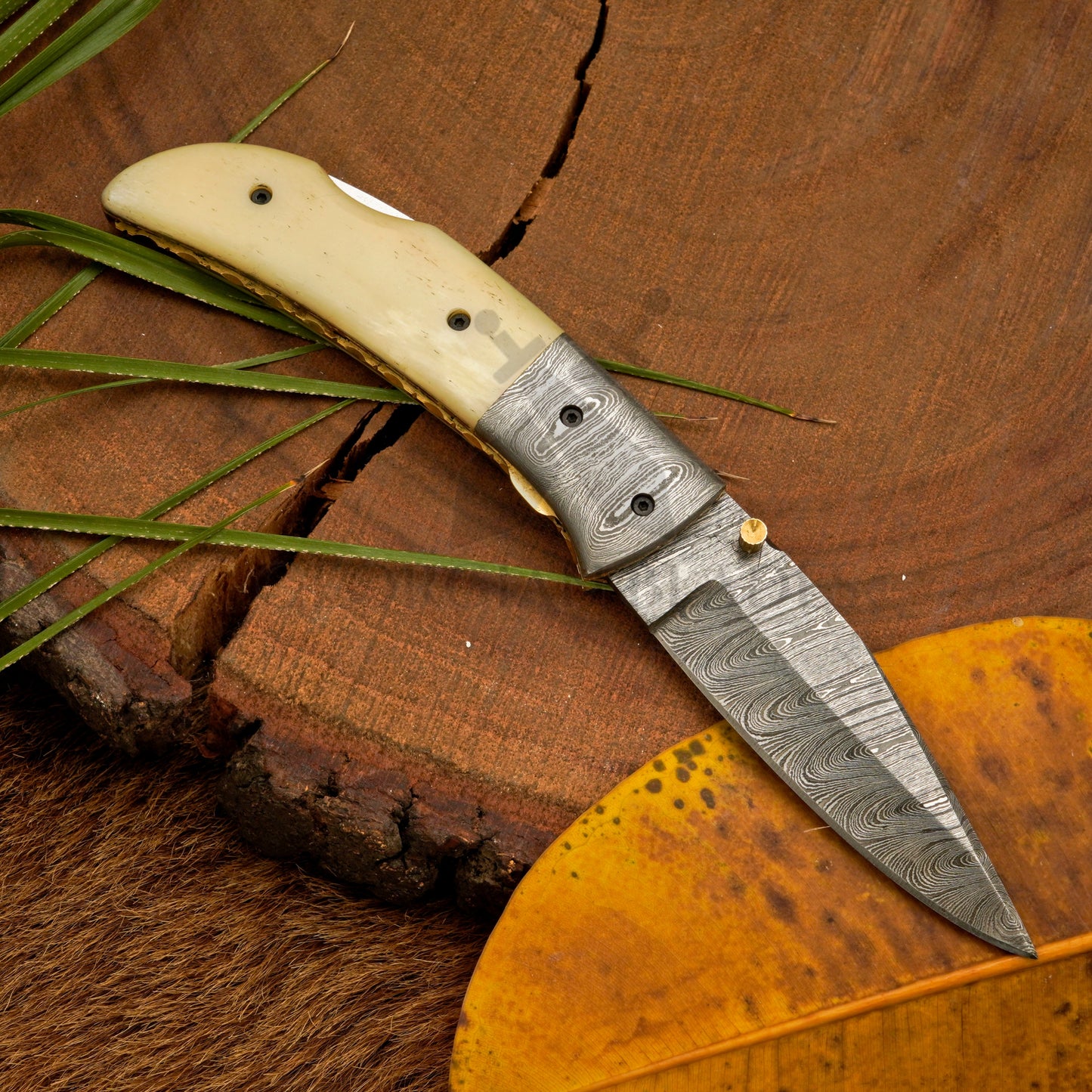 RadiantReach - 8" Hand Forged Damascus Steel Pocket Folding Knife with Leather Sheath