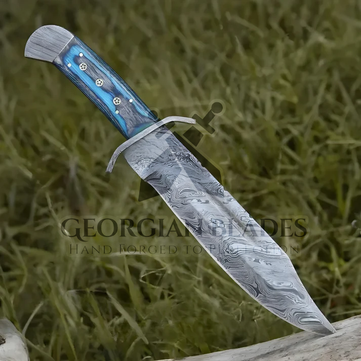River Runner: 15" Handmade Damascus Steel Bowie Knife- Full Tang - Colored Wood Handle