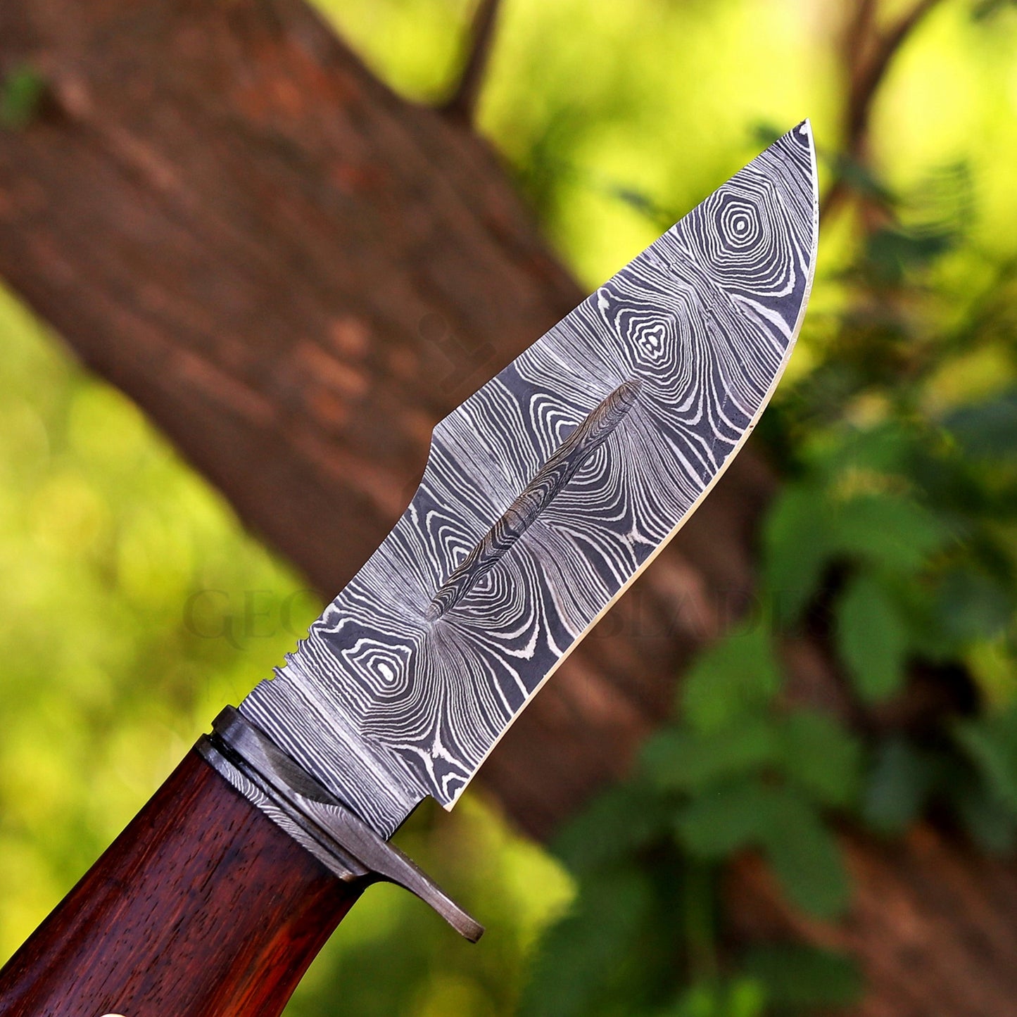 Woodman's Ally - 10.5" Hand Forged Damascus Hunting Knife with Leather Sheath