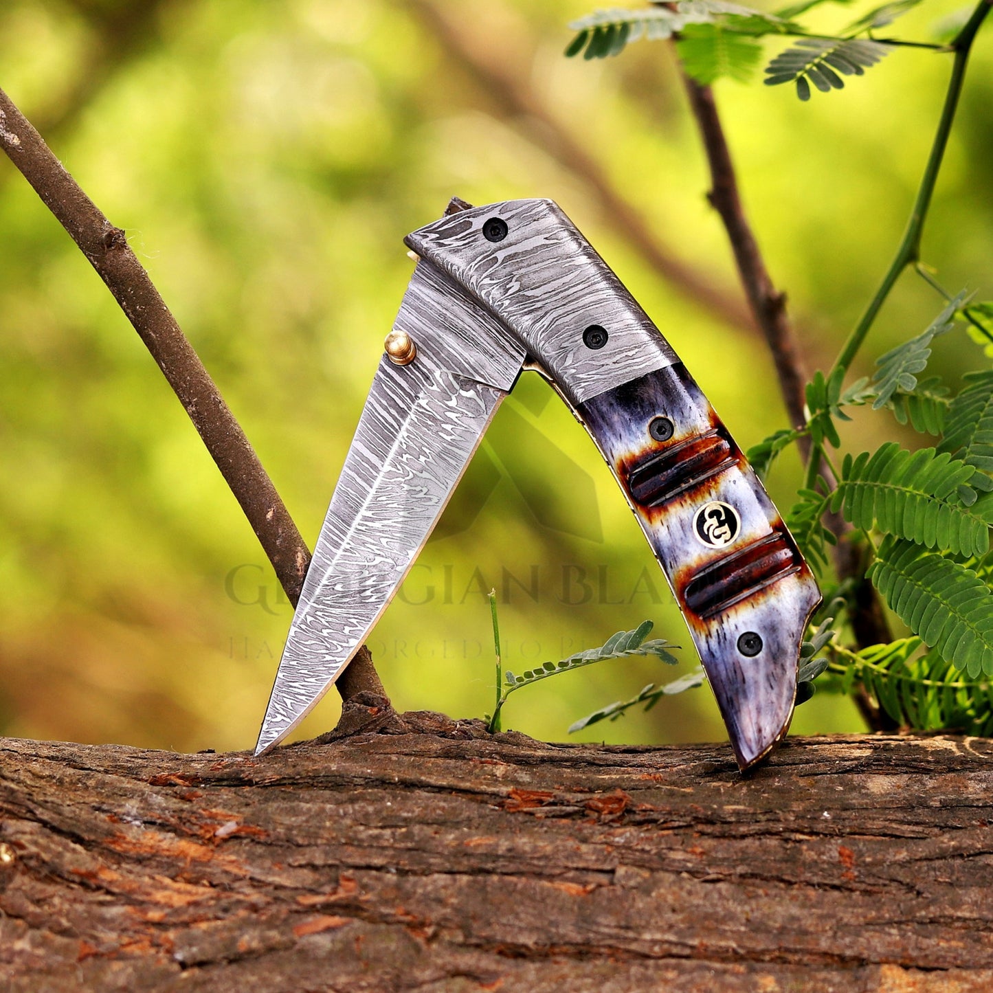 The Glenn Folder – 7.5 inch Damascus Steel Liner Lock Pocket Knife with Bone Handle and Leather Sheath