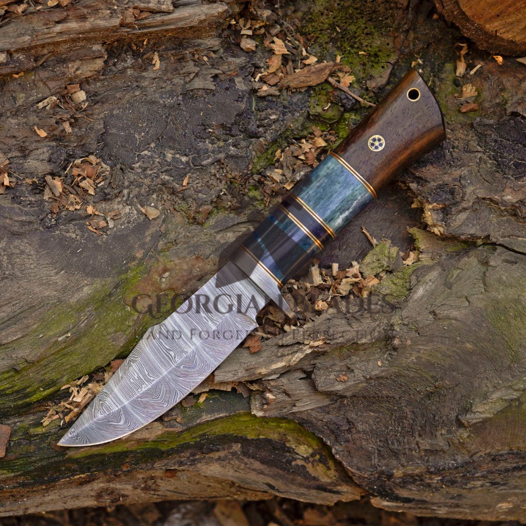 Nature's Bladebearer - 10" Hand Forged Damascus Hunting Knife with Leather Sheath