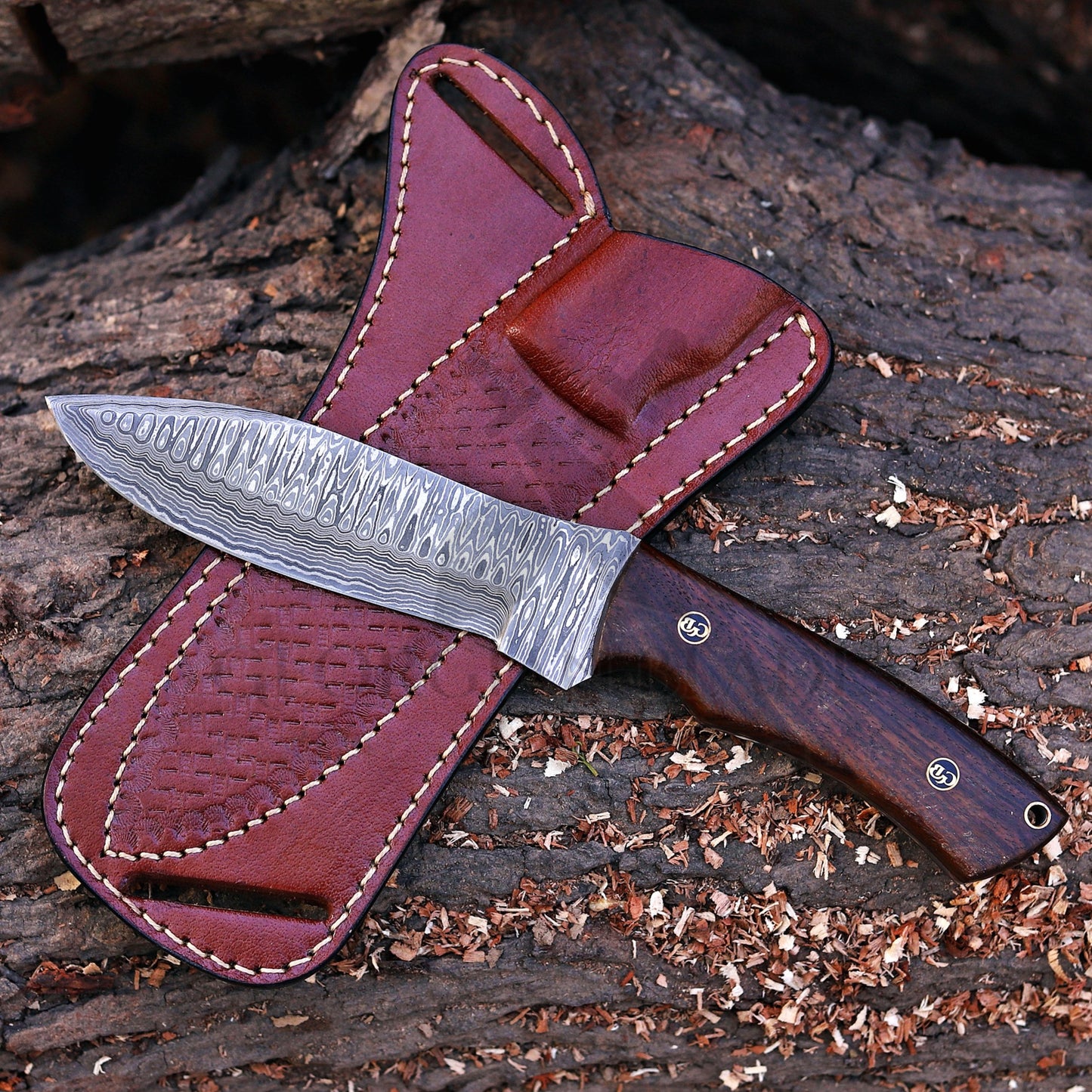 Razorwind - 11" Full Tang Hand Forged Damascus Hunting Knives with Walnut Wood Handle
