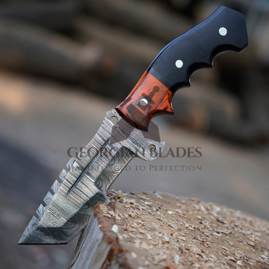 Explorer's Companion: 10” Damascus Steel Tracker Hunting Camping Knife With Resin & Wood Handle