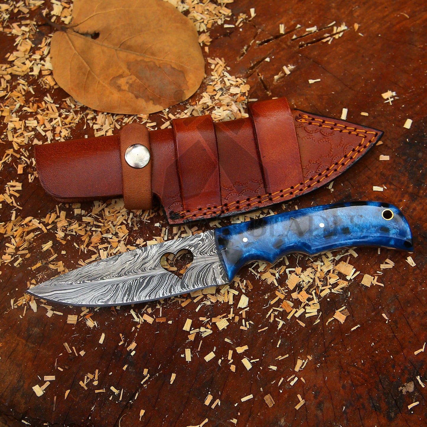 Blue Heart Blade – 9'' Hand Forged Damascus Steel Knife with Blue Resin Handle & Leather Sheath