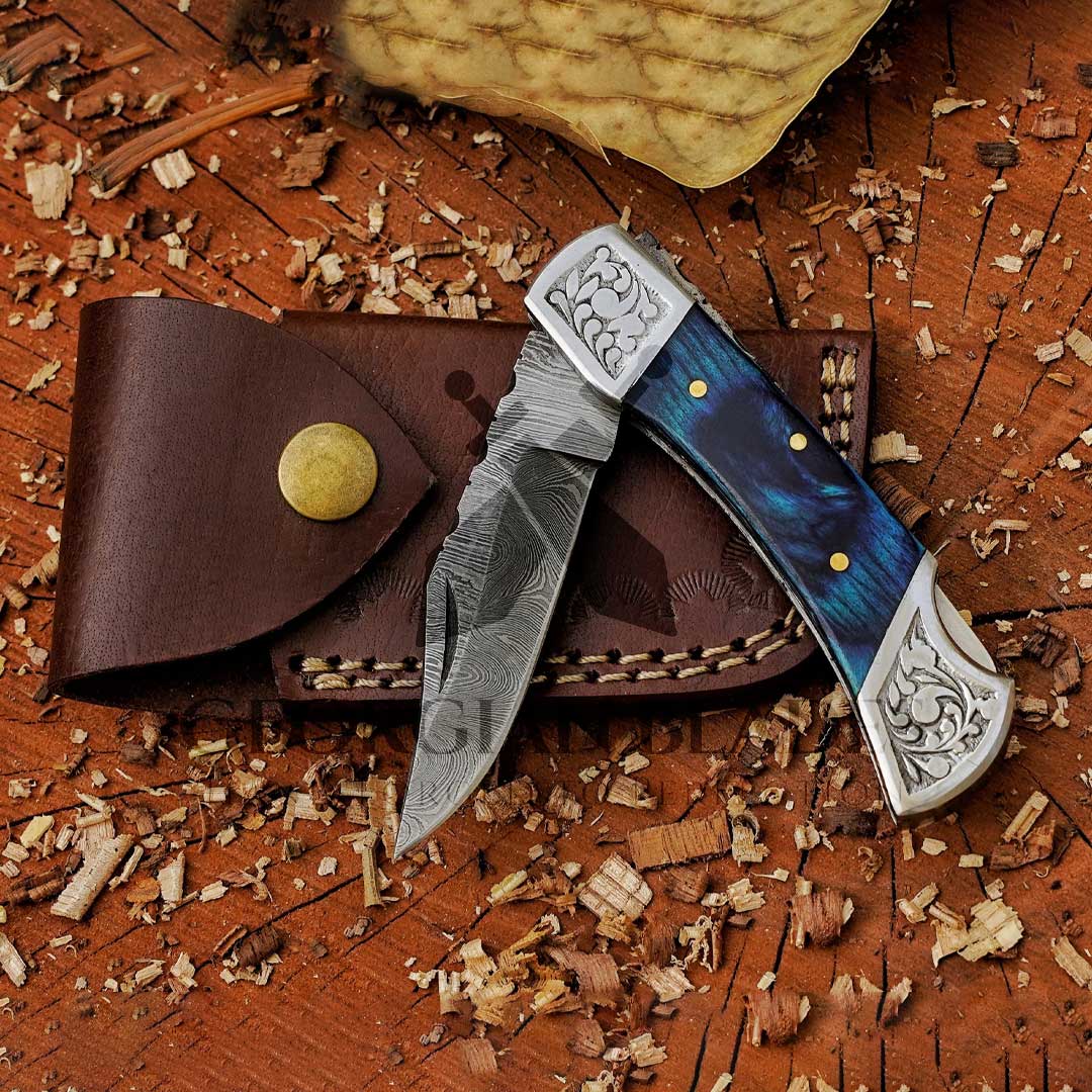 CelestialSnap - 7.5" Hand Forged Back Lock Pocket Knife with Leather Sheath