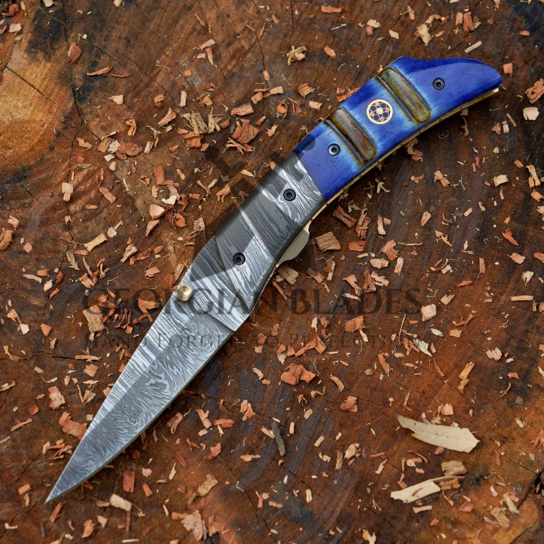 The Sullivan Folder 7.5-inch Hand Forged Damascus Steel Pocket Knife with Leather Sheath