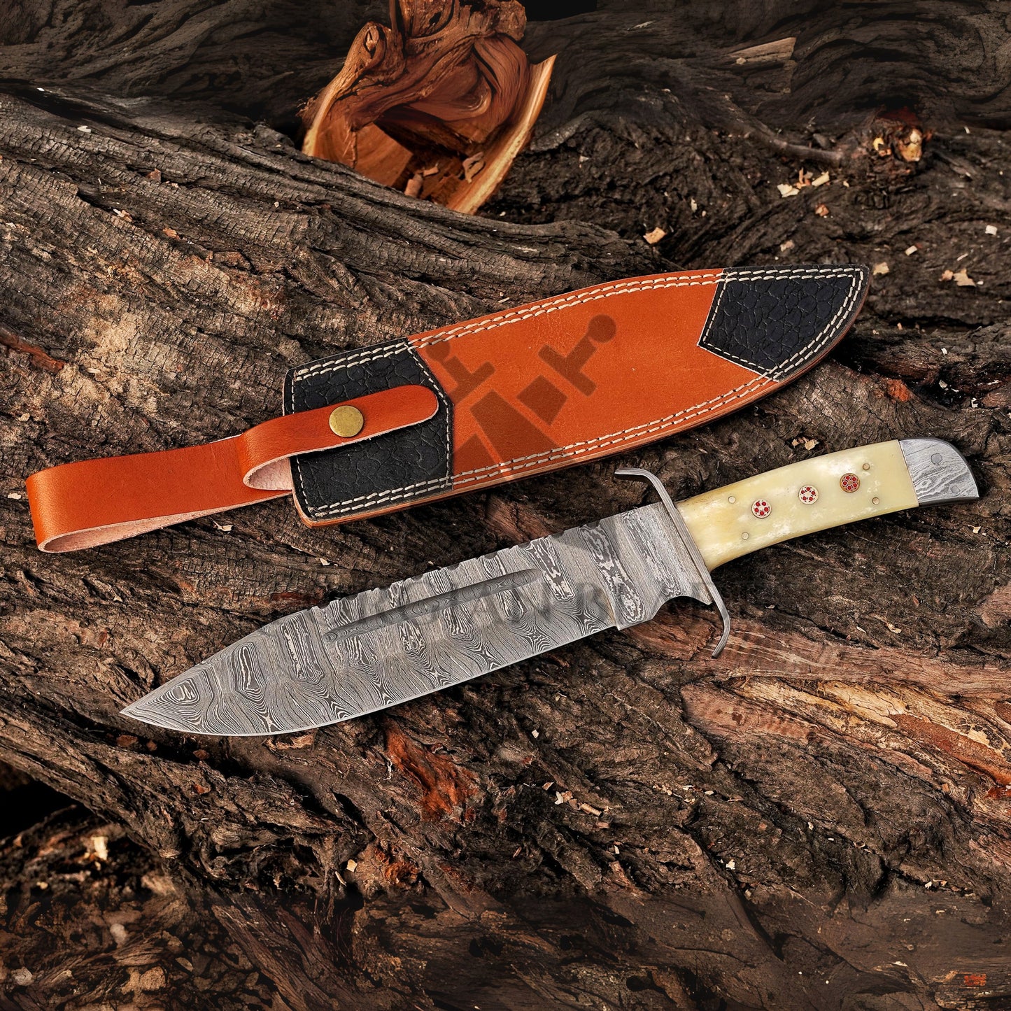 Paul Bunyan Razor - 15" Handmade Damascus Steel Bowie Knife- Full Tang - Camel Bone Handle