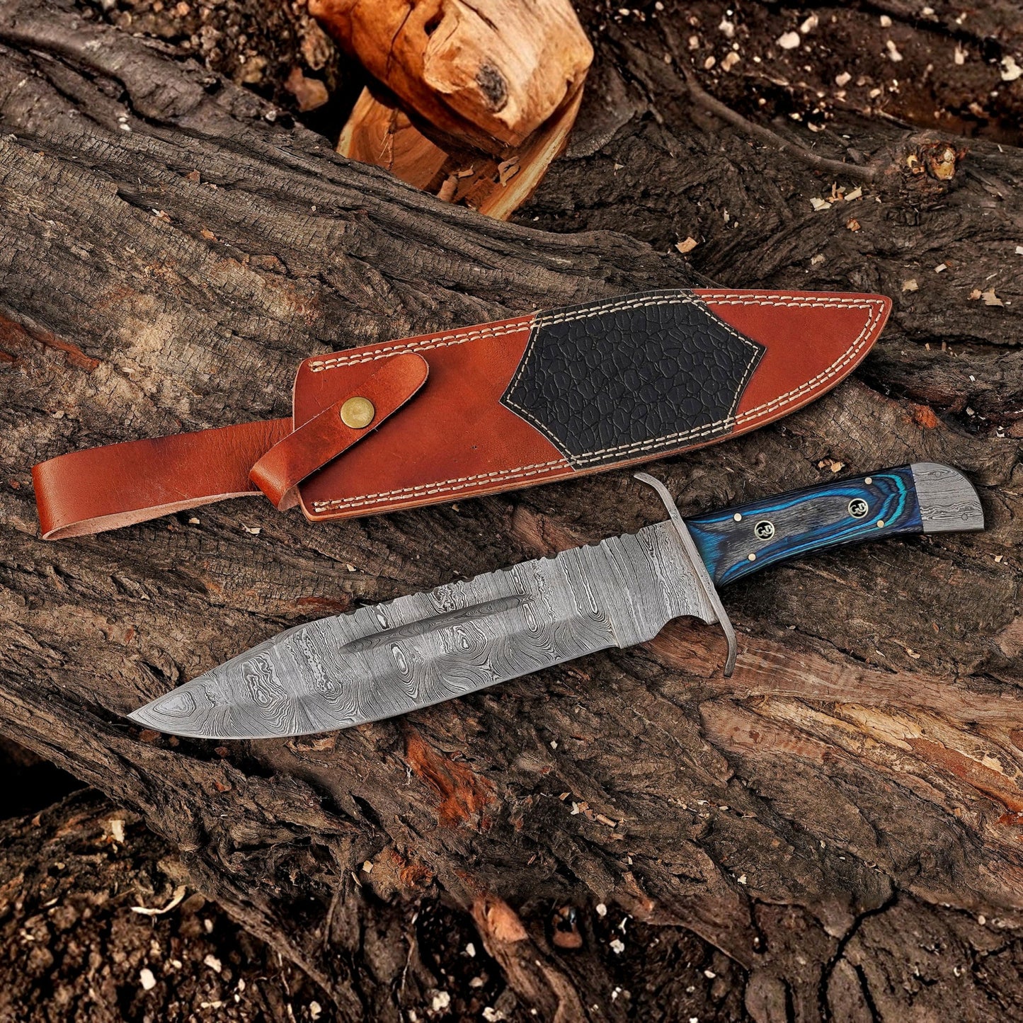 River Runner: 15" Handmade Damascus Steel Bowie Knife- Full Tang - Colored Wood Handle