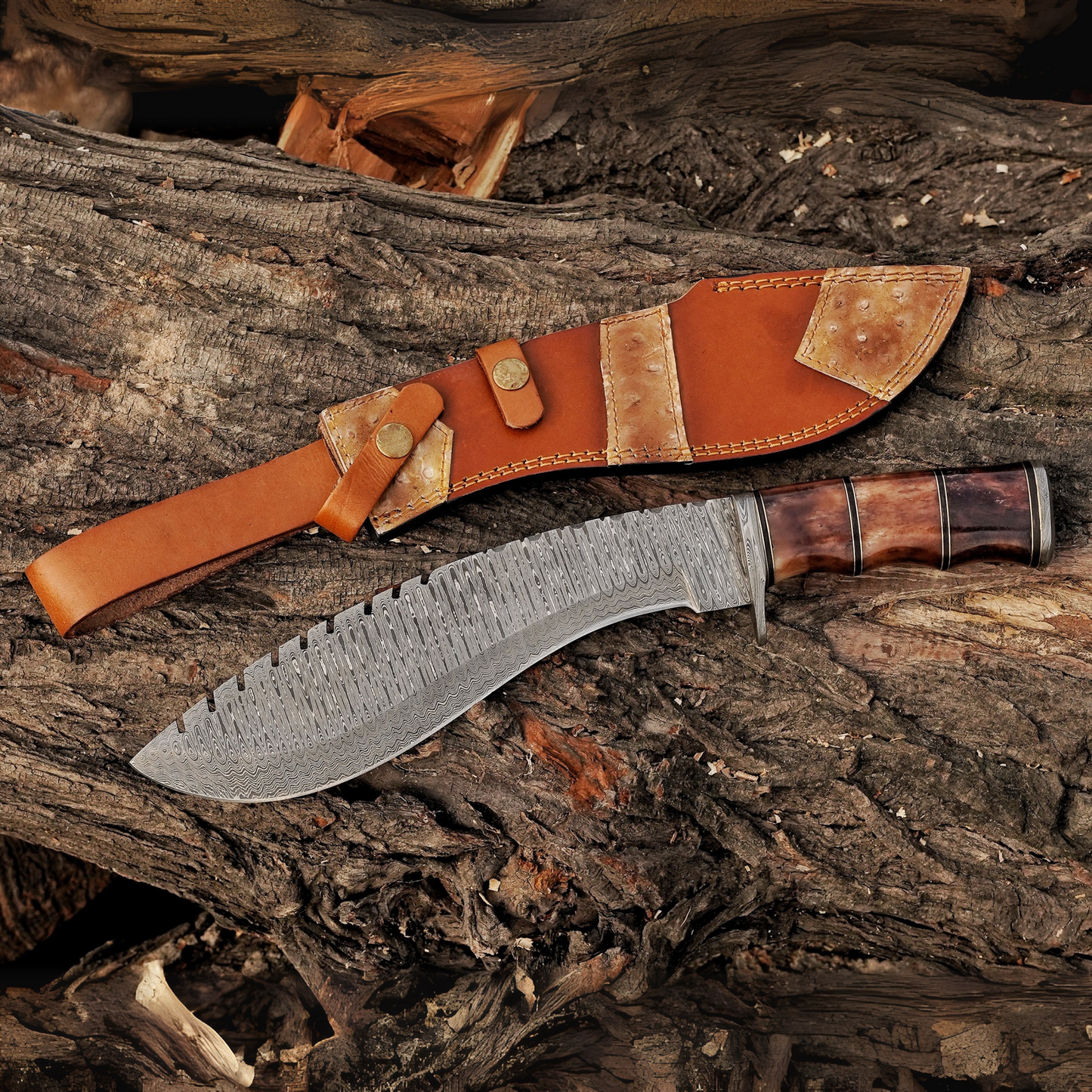 Emberwood Kukri – 15 inch Hand-Forged Damascus Masterpiece Kukri Knife with Leather Sheath