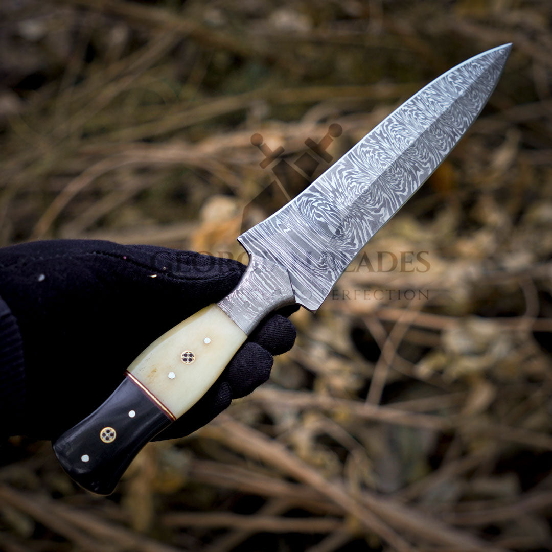 Annie Oakley Carver: Hand Forged Damascus Steel Hunting Boot Knife With Damascus Bolster - Bull Horn & Bone Handle