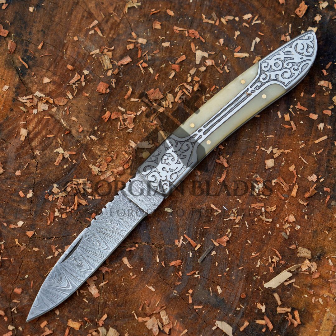 Ivory Edge: 8" Handmade Green Camel Bone Handle Folding Pocket Knife With Engraved Frame Work