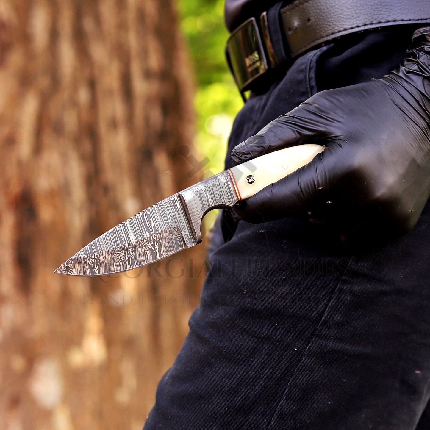 John Henry Slicer - 7.25” Hand Forged Damascus Steel Full Tang Skinner Knife - Camel Bone Handle
