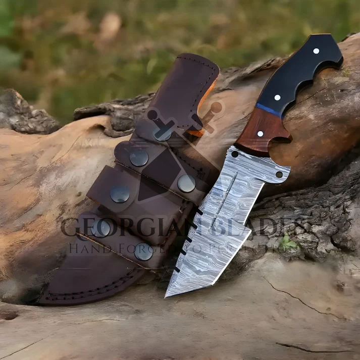 Explorer's Companion: 10” Damascus Steel Tracker Hunting Camping Knife With Resin & Wood Handle