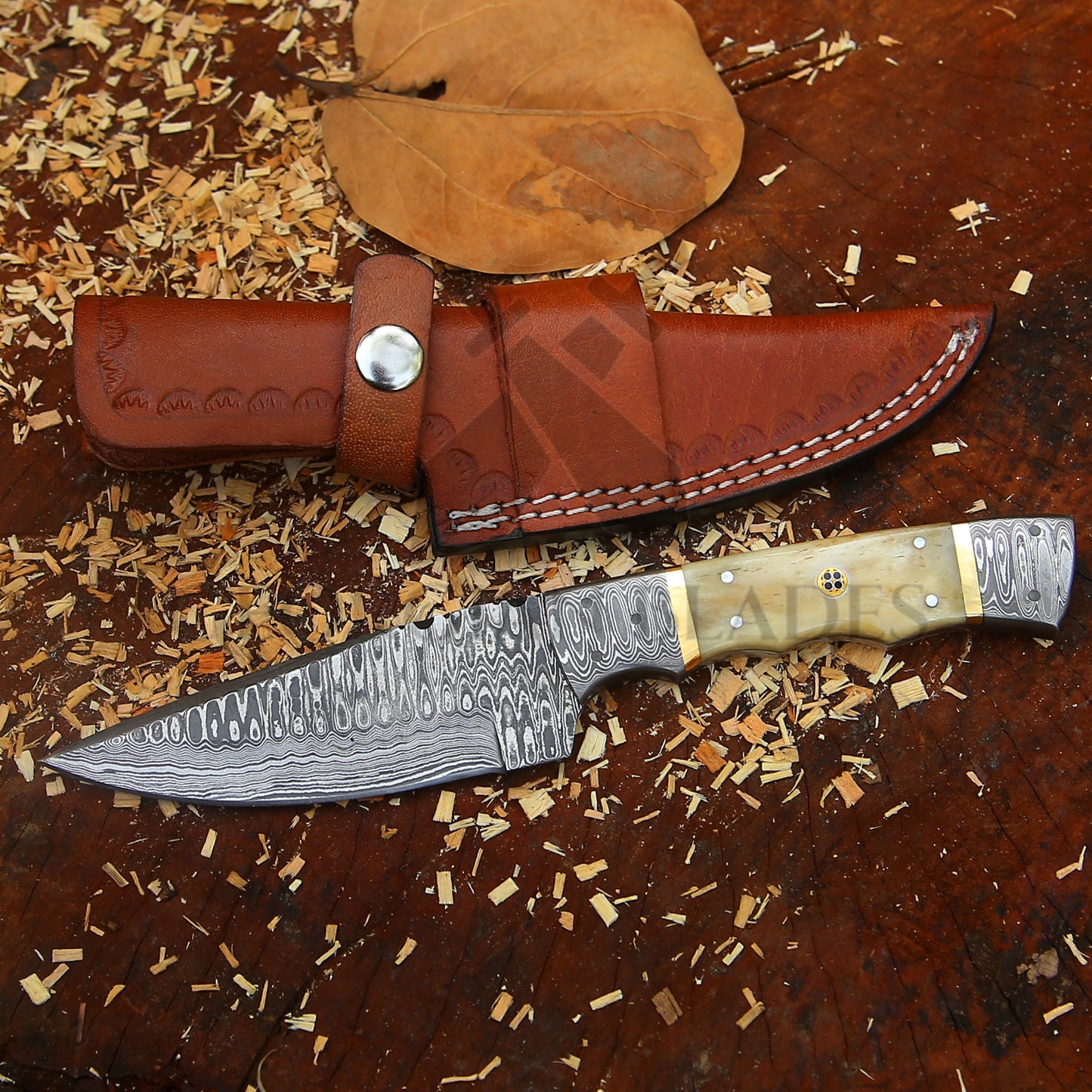 Br'er Rabbit Blade -  8.5” Hand Forged Damascus Steel Full Tang Skinner Knife - Camel Bone Handle