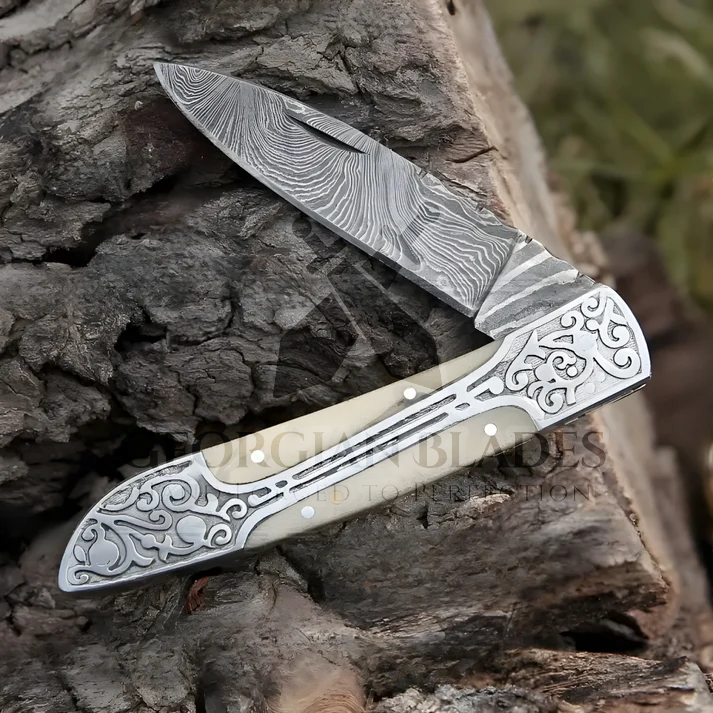 Ivory Edge: 8" Handmade Green Camel Bone Handle Folding Pocket Knife With Engraved Frame Work