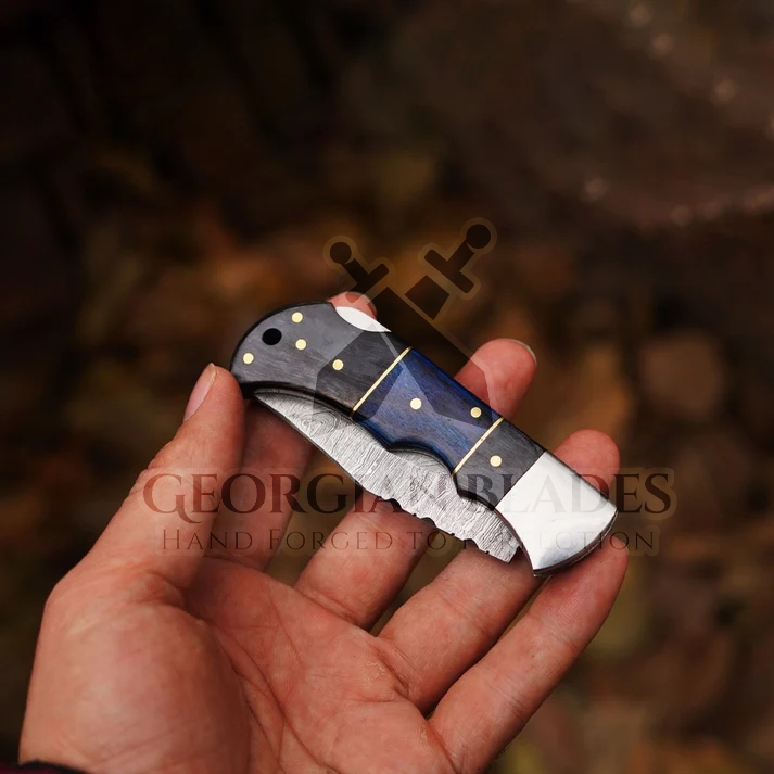 Midnight Wave- 6.5" Handmade Folding Knife with Damascus Blade and Leather Sheath