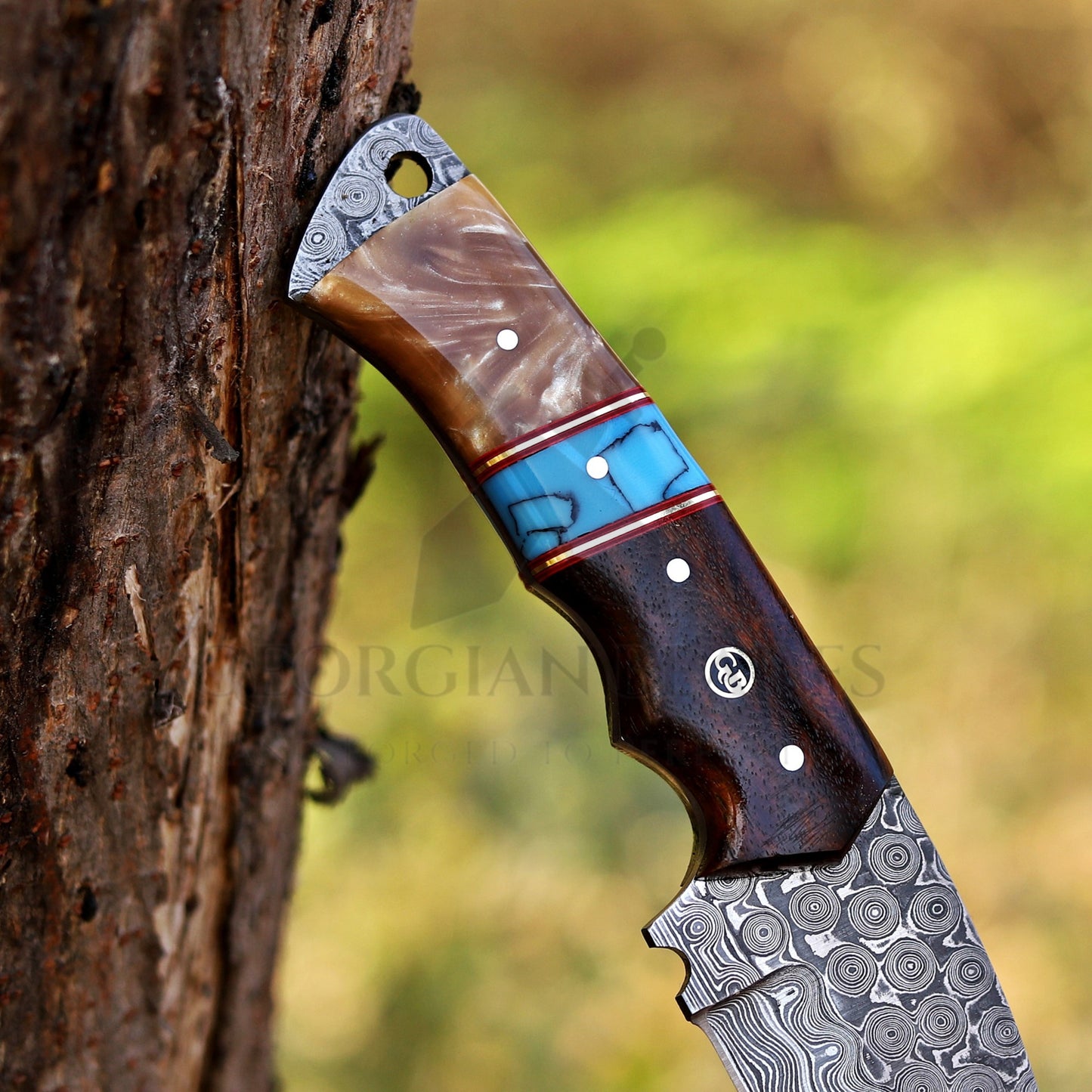 Trailblazer's Blade - 9" Hand Forged Damascus Steel Hunting Knife with Leather Sheath