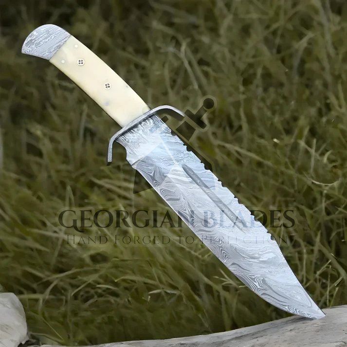 Paul Bunyan Razor - 15" Handmade Damascus Steel Bowie Knife- Full Tang - Camel Bone Handle