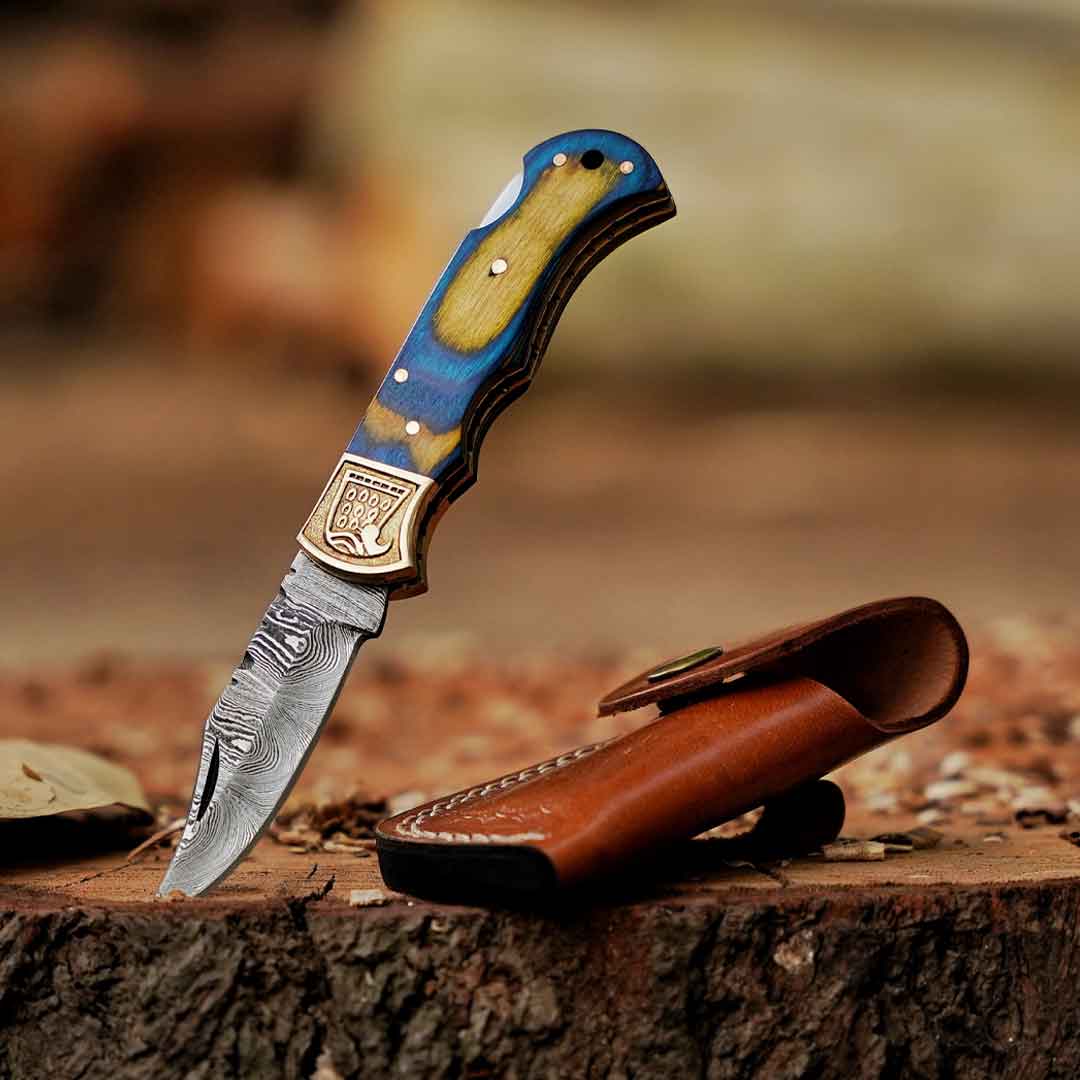 Signature Damascus Trio – Bundle of 3 Handmade Pocket Knives with Leather Sheaths